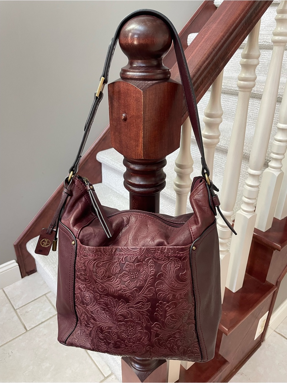 Giani Bernini Floral Embossed Faux & Real Leather Hobo Shoulder Bag Burgundy